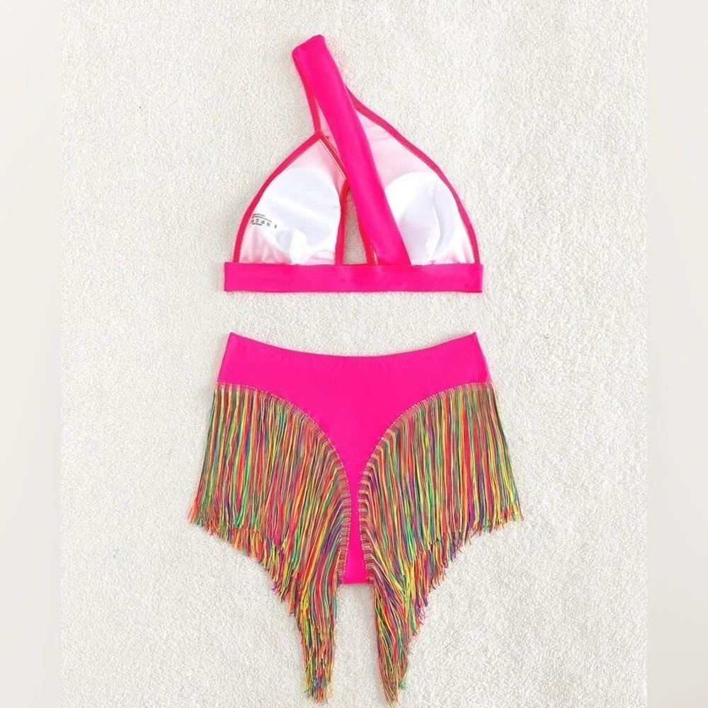 NWOT- Sexy fringe hem one shoulder bikini swimsuit - Picture 3 of 4